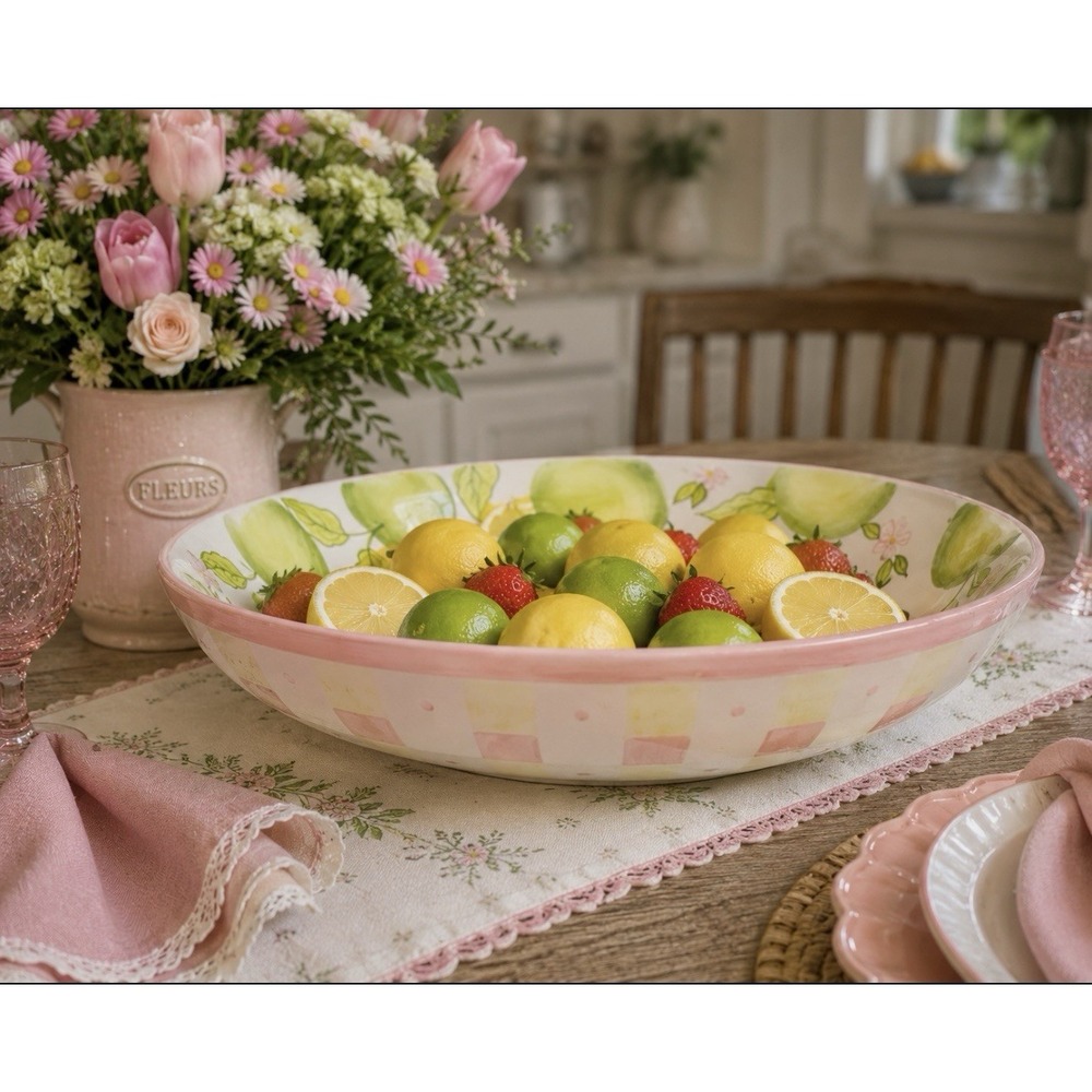 Zrike Tracy Porter Home Collection Hand Painted Bowl Green Apple Spring Pink